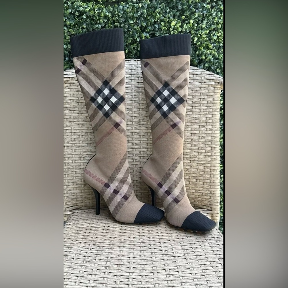 BURBERRY Square-toe sock boots knitted with our Exaggerated Check